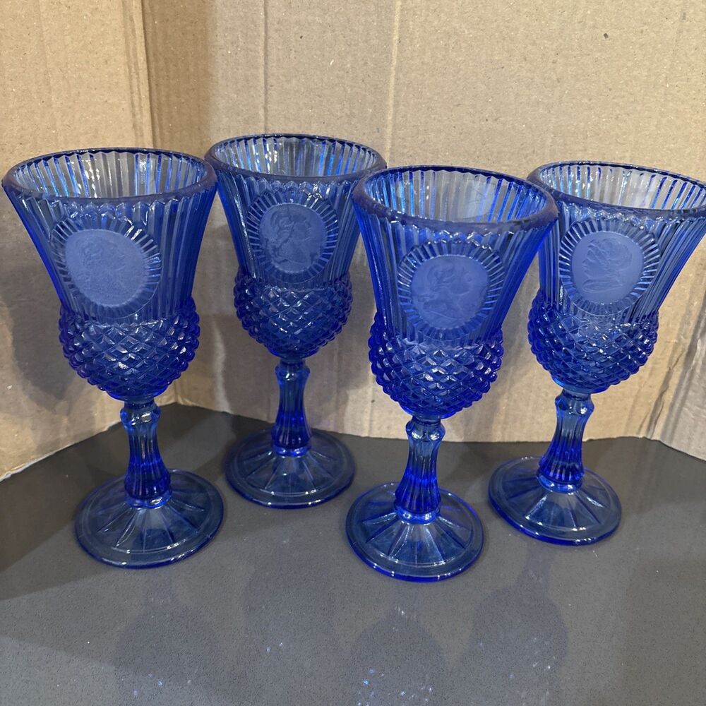 Set 4 Avon Martha George Washington Cobalt Blue Glass Goblets Fostoria 1-MW 3-GW